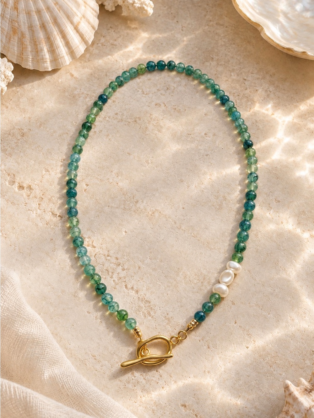 Green dragon agate Beaded Necklace with Faux Pearls and Gold Plated Toggle -